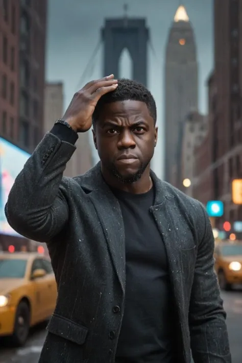 a kevin hart <lora:RMSDXL_Photo:2>,hand in hair pose,in a doomsday new york,(shapeshifting),kaleidoscopic,enigmatic,dividing,hyper-realistic,hypnotic,dramatic expressive background,sharp focus,ethereal beauty,sharp focus,(detailed realistic),in semi-darkness,gloomy horror crushing atmosphere,((stunning)),wide-angle,official wallpaper,glamour shoot,ultra highres,