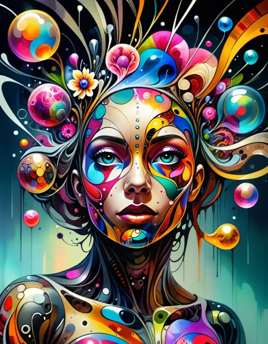 abstract expressionist painting surrealist art biomechanical ral-colorswirl style illustration beautiful young woman, metalic chrome skin, colorful melting human head. acrylic bubbles and flowers, ferrofluids, water distortions. looking up, intricate abstract. intricate artwork. beeple. blend of organic and mechanical elements, futuristic, detailed, intricate, dark theme, (in awe:1.2), confident, (surprised:0.7), natural skin, style of Stan Manoukian and Russ Mills, physically based unbiased rendering, volumetric lighting, soft shadows, . dreamlike, mysterious, provocative, symbolic, intricate, detailed . energetic brushwork, bold colors, abstract forms, expressive, emotional, <lora:ral-colorswirl:1>,