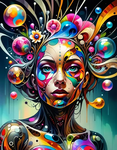 abstract expressionist painting surrealist art biomechanical ral-colorswirl style illustration beautiful young woman, metalic chrome skin, colorful melting human head. acrylic bubbles and flowers, ferrofluids, water distortions. looking up, intricate abstract. intricate artwork. beeple. blend of organic and mechanical elements, futuristic, detailed, intricate, dark theme, (in awe:1.2), confident, (surprised:0.7), natural skin, style of Stan Manoukian and Russ Mills, physically based unbiased rendering, volumetric lighting, soft shadows, . dreamlike, mysterious, provocative, symbolic, intricate, detailed . energetic brushwork, bold colors, abstract forms, expressive, emotional,  <lora:ral-colorswirl:1>,