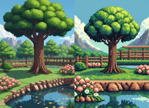(masterpiece, top quality, best quality), pixel,pixel art, tree, outdoors, no humans, grass, scenery, day, flower, bush, pond, cloud, rock, nature, buliding, fence, clay pot, wooden