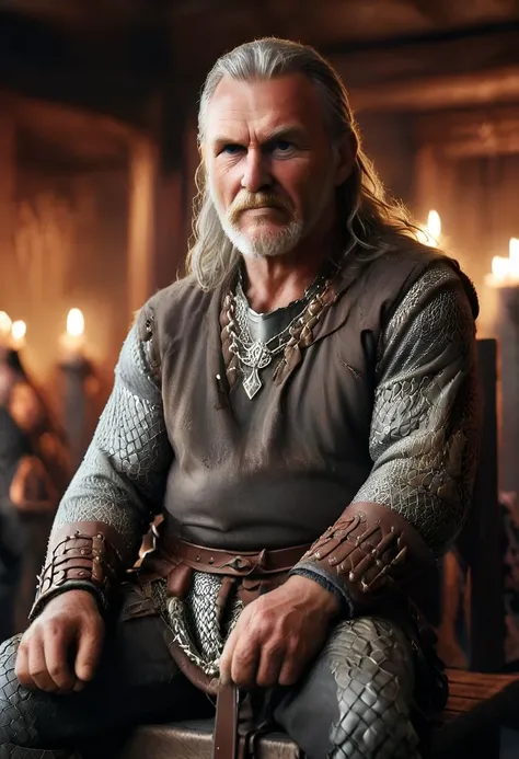 a <lora:RMSDXL_Photo:7> Highest quality, masterpiece, photorealistic, medium shot, RAW photo, of (a weary-looking but still proud and fierce-looking old Viking warrior, now the leader of his village, dressed in elaborately detailed chain mail and leather armour, sitting on a carved wooden throne furrowed with Viking runes and symbols, in the village meeting hall, on his lap rests an elaborately carved and beautifully crafted longsword, a few torches burn on the walls, giving the scene a dark atmosphere but sculpting the forms in sharp chiaroscuro), it is night time, BREAK , BREAK