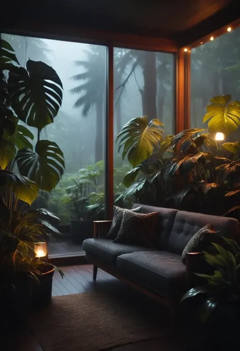 a <lora:RMSDXL_Photo:5> midcentury modern living room dimly lit with dark rainy evening outside, (foggy rainy evening:1.2), pacific northwest, (dim lighting:1.4), (moody lighting:1.2), plants, large plants, rainy, monstera, many plants, (foggy windows:1.2), masterpiece, best quality, twilight hour, (nighttime:1.4), rainy evening, after sunset, (masterpiece:1.2) (photorealistic:1.2) (bokeh:1.10) (best quality:1.10) (detailed skin:1.3) (intricate details:1.10) (8k:1.10) (HDR:1.10) (analog film:1.10) (canon d5:1.10) (cinematic lighting:1.10) (sharp focus:1.10),