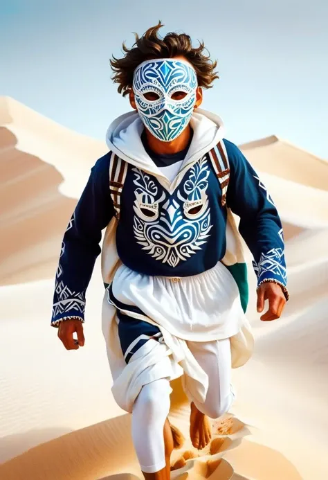 a <lora:RMSDXL_Photo:3> a man running looking at the camera in top of a white sandy dune, wearing a white tribal mask and white oversized clothes, intricate tribal details, dreamy, colorful, bright colors, futuristic, anime style, studio ghibli::2