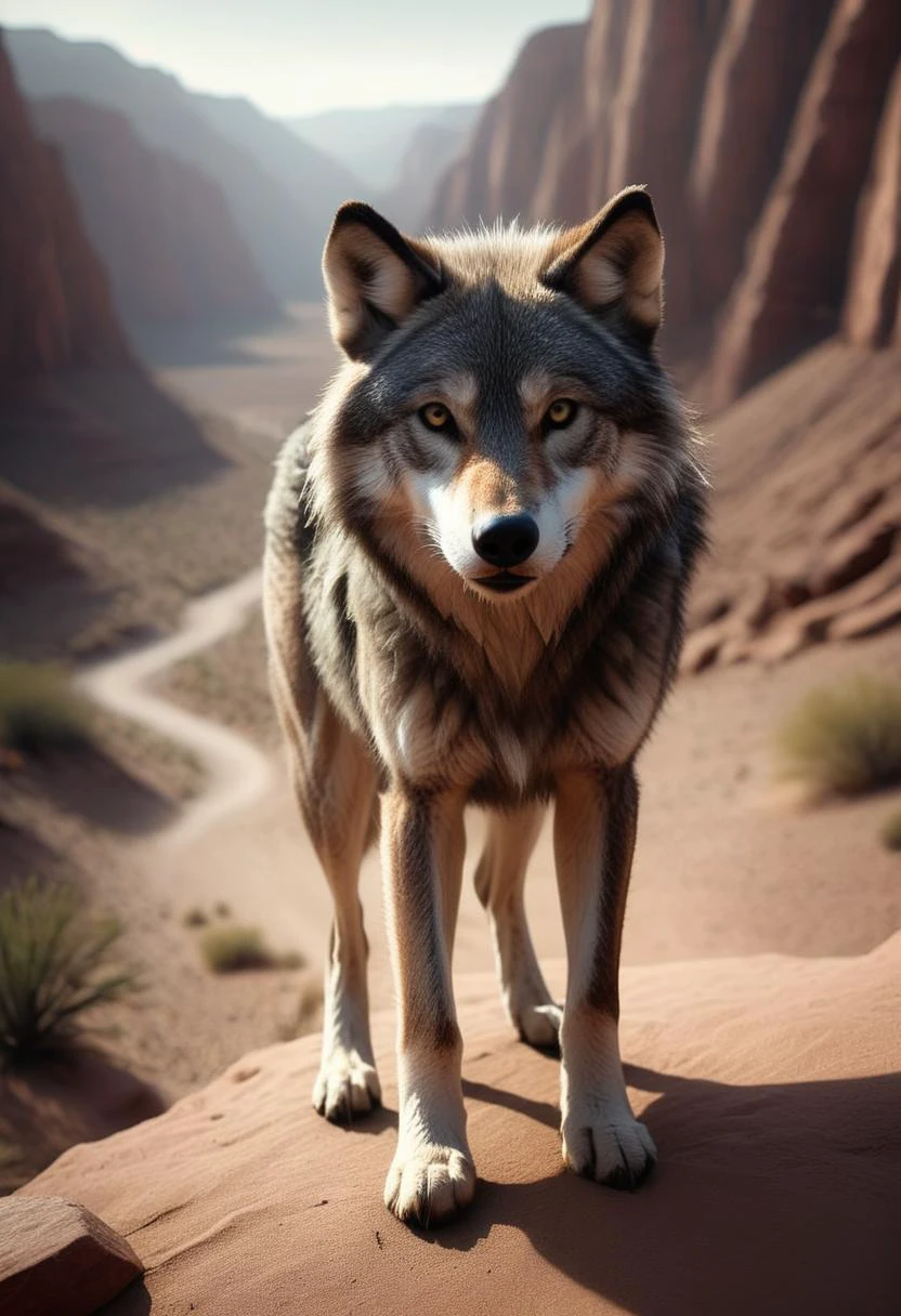 a Photography of a a desert canyon with a wolf in it,highly detailed,instagram flickr,sharp focus,canon 5d f16.0 style,natural lighting,ultra-realistic,, <lora:RMSDXL_Photo:3>