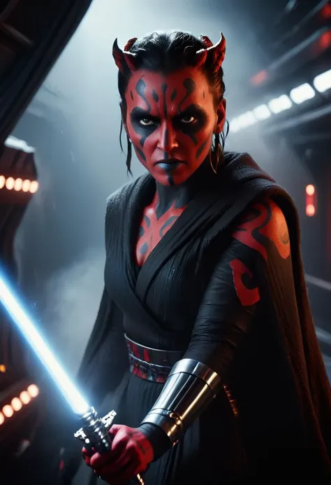 a <lora:RMSDXL_Photo:5> Star Wars character, a Sith, Hyper detailed portrait of Zabrak woman Darth Maul, incredibly beautiful and dangerous, with Sith lightsaber in hand, runs along the deck of a spaceship, epic emotions and movements, galaxy fog, Perfect Composition, aesthetic, scandalous pose, full body, hyper realism, 5D Dimension, unreal engine, galaxy, 3d octane rendering, CGI, dark fantasy, by Zack Snyder