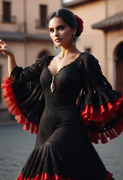 a <lora:RMSDXL_Photo:5> (beautiful woman, dancing flamenco)::4 intricate giant earrings, black hair, very long dress::3 huge shawl, bata de cola, frills and flounces, red-black palette :: Mudéjar style, Romanesque architecture in background, dancing pose :: portrait::-2 passion, grace, emotional, epic composition, tribal darkfantasy, dramatic shadows :: by Fabian Perez