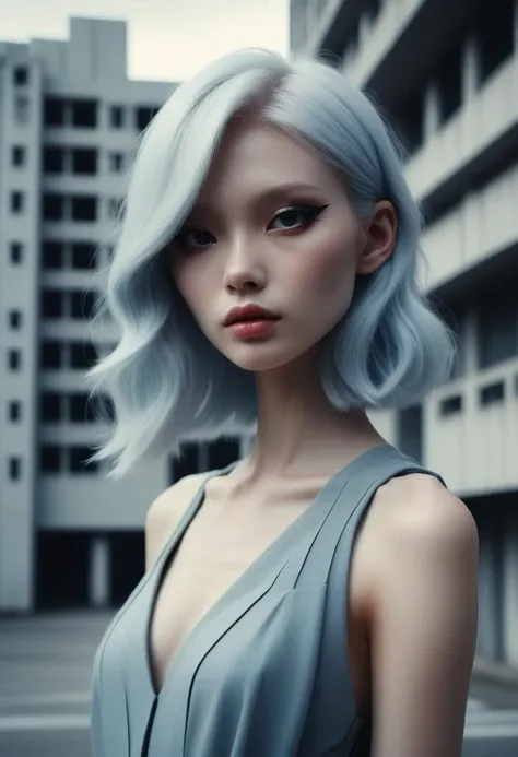 a portrait of haute couture beautiful albino asian fashion model with pale blue hair, in front of brutalist building architecture ,cinematic film still, shallow depth of field, vignette, highly detailed, high budget Hollywood film, bokeh, cinemascope, moody, epic, gorgeous, film grain, grainy