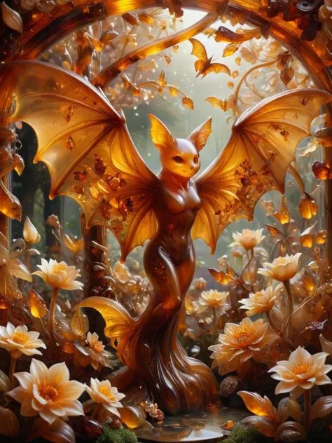 fey, bat, In a secret enclave, a garden of enchantment beckons, its delicate blooms radiating a sense of magic, Causing objects to appear transparent made of ral-amber, intricate details, abstract, whimsical, <lora:RMSDXL_Creative:0.8> <lora:ral-amber-sdxl:1>