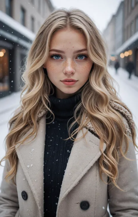 a professional portrait photograph of a gorgeous Norwegian girl in winter clothing with long wavy blonde hair, ((sultry flirty look)), freckles, beautiful symmetrical face, cute natural makeup, ((standing outside in snowy city street)), stunning modern urban upscale environment, ultra realistic, concept art, elegant, highly detailed, intricate, sharp focus, depth of field, f/1.8, 85mm, medium shot, mid shot, (centered image composition), (professionally color graded), ((bright soft diffused light)), volumetric fog, trending on instagram, trending on tumblr, hdr 4k, 8k