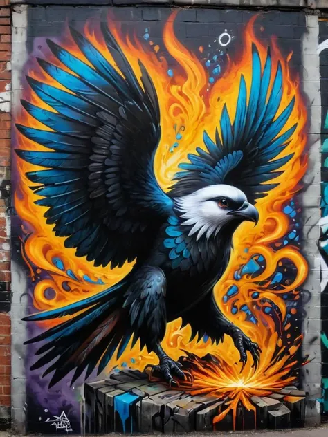 raven with ominous caw made of elemental_graffiti, intricate details, symbols, abstract, realism, sharp focus, masterpiece, sharp details, sfw, <lora:Elemental_Graffiti-step00001500:0.8> elemental art, graffiti art,