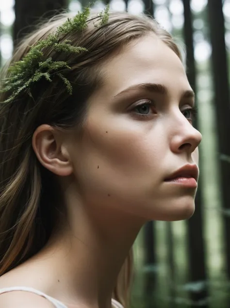 full color, double exposure of a close-up profile of a white woman made out of a forest, white background, highly detailed, instagram flickr, sharp focus, canon 5d f16.0 style, natural lighting, ultra-realistic