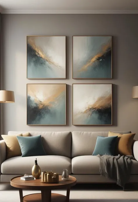 a  Living room with 2 trendy high end artistic abstract oil paintings on wall behind sofa, soft ivory, medium ivory, golden ecru, light taupe, medium soft taupe, dark soft taupe, light smokey blue green, ash grey green light, smokey grey green dark, bronze lots of fine detail, movie style, photography, natural textures, natural light, natural blur, photorealism, cinematic rendering, ray tracing, highest quality, highest detail, Cinematic, Blur Effect, Long Exposure, 8K, Ultra-HD, Natural Lighting, Moody Lighting, Cinematic Lighting, hyper-realistic, vibrant, 8k, detailed, ultra detail,