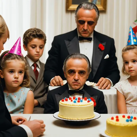 cinematic film still a meme, The Godfather at a Children's Birthday Party: The Godfather, sitting at a tiny table with a party hat, looking solemnly at a piece of birthday cake, surrounded by cheerful children, shallow depth of field, vignette, highly detailed, high budget Hollywood film, bokeh, cinemascope, moody, epic, gorgeous, film grain, grainy
