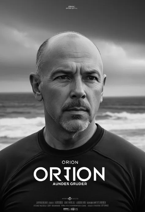 a (movie poster with title and text graphics:1.3) (under the title banner text logo "O\R\I\O\N":1.5), b&w photo of 42 y.o man in black clothes, bald, face, half body, body, high detailed skin, skin pores, coastline, overcast weather, wind, waves, 8k uhd, dslr, soft lighting, high quality, film grain, Fujifilm XT3, BREAK , BREAK