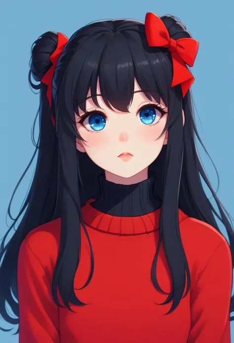 1girl, tohsaka rin, solo, long hair, sweater, red sweater, looking at viewer, blue background, black hair, simple background, two side up, turtleneck, blue eyes, lips, closed mouth, ribbon, hair ribbon, bangs, turtleneck sweater, upper body, parted bangs, black ribbon, ribbed sweater, twintails, nose,