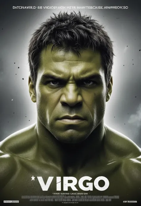 ( poster with title and text graphics:1.3) (under the title banner text logo "V\I\R\G\O":1.5), Hulk by Lee Jeffries,