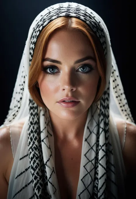 breathtaking masterwork photograph, compact camera, Phase One XF IQ4 150MP, Cinestill, Guatemalan Female [Poltergeist:Lindsay Lohan:2], she is 1920'S and Ghostly, she is wearing a Letterism fashion style Keffiyeh, Cold Lighting, award-winning, professional, highly detailed