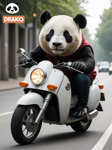 (movie poster with title and text graphics:1.3) (under the title banner text logo "D\R\A\K\O":1.5), natural light panda riding moped, speeding past other cars, (gaussian blur:1.1) (high key photo masterpiece:1.2) raw photo, (film grain:1.3), depth field, bokeh, Best quality, masterpiece, ultra high res, (photorealistic:1.4), (smooth light:1.4)
