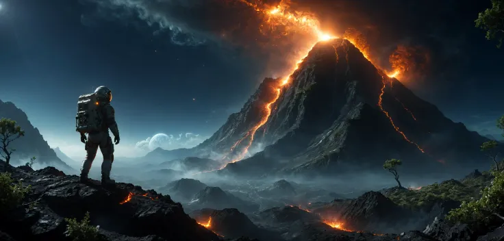 HDR photo of (masterpiece), (best quality), (ultra-detailed), fantasy concept art of (Dark energy flowing through a perfect mysterious high dark volcano , by Ridley Scott, Roger Deakins), another world, highly detailed, maximum quality, (sharp:1.1),. professional 3D rendering, , two tones orange/blue, , , bokeh, (dark sky at night:1.4) danger, terror, moon, space, (Anamorphic, sci-fi, lens-flare) . High dynamic range, vivid, rich details, clear shadows and highlights, realistic, intense, enhanced contrast, highly detailed, cinematic film still (masterpiece), (best quality), (ultra-detailed), fantasy concept art of (Dark energy flowing through a perfect mysterious high dark volcano , by Ridley Scott, Roger Deakins), another world, highly detailed, maximum quality, (sharp:1.1),. professional 3D rendering, , two tones orange/blue, , , bokeh, (dark sky at night:1.4) danger, terror, moon, space, (Anamorphic, sci-fi, lens-flare) . shallow depth of field, vignette, highly detailed, high budget, bokeh, cinemascope, moody, epic, gorgeous, film grain, grainy, (large plain, vegetation,tree, green_leaves:1.5) , people, (astronaut:1.7) ((view from bottom)) filmic vibe, lava stream, explosion,post apocalyptic, broken object, Christophe Vacher, deviantart, german romanticism, terragen, matte painting, mist, intricate details, magnificent, celestial, ethereal, painterly, epic, majestic, magical, fantasy art, cover art, dreamy, 64k, (perspective:1.2) perfect composition