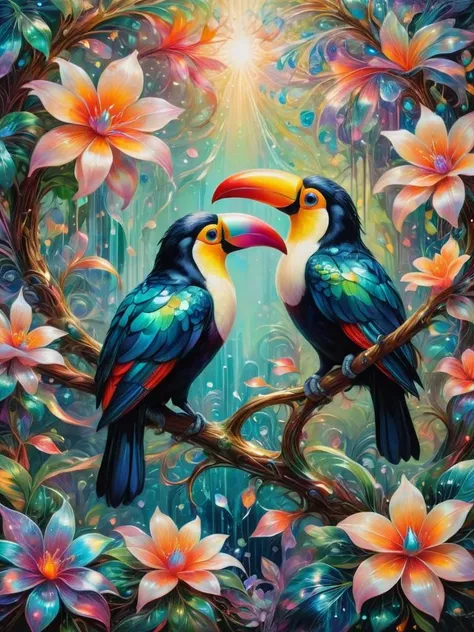 charmed, toucan, Within a shimmering sanctuary, a garden of dreams materializes, its iridescent blooms and shimmering petals a vision of pure fantasy, Reflecting off surfaces intricate details, abstract, whimsical, <lora:RMSDXL_Creative:0.8> <lora:SDXLFaeTastic2400:0.8>