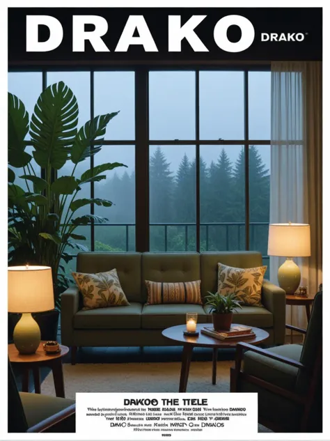 (movie poster with title and text graphics:1.3) (under the title banner text logo "D\R\A\K\O":1.5), midcentury modern living room dimly lit with dark rainy evening outside, (foggy rainy evening:1.2), pacific northwest, (dim lighting:1.4), (moody lighting:1.2), plants, large plants, rainy, monstera, many plants, (foggy windows:1.2), masterpiece, best quality, twilight hour, (nighttime:1.4), rainy evening, after sunset,