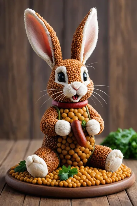 Photography of a rabbit made of lentils with sausages, perfect composition, masterpiece, best quality,, highly detailed, instagram flickr, sharp focus, canon 5d f16.0 style, natural lighting, ultra-realistic