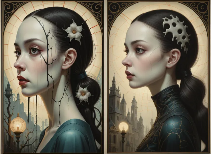 Pop surrealist poster, a striking portrayal of a woman with a haunting side profile, her face marred by glowing fractures that create an unsettling yet captivating effect, in the style of Mark Ryden's whimsical and macabre aesthetic.