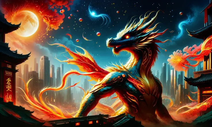 Chinese lunar dragon, A bioluminescent dragon with a red and gold color scheme, in a cityscape, digital painting style, color contrast, wide-angle shot, soaring above modern city buildings, juxtaposition of fantasy and reality, moonlight, (art by Qian Xuan:1.1), visually appealing, balanced composition, elegant, contemporary, rich color palette, Chinese aesthetic, dramatic lighting, high resolution <lora:SDXL\sd_xl_dpo_lora_v1:1.0>, <lora:SDXL\MJ52:0.6>, <lora:SDXL\RMSDXL_Creative:1.0>, <lora:SDXL\SDXLFaeTastic2400:1.0>,