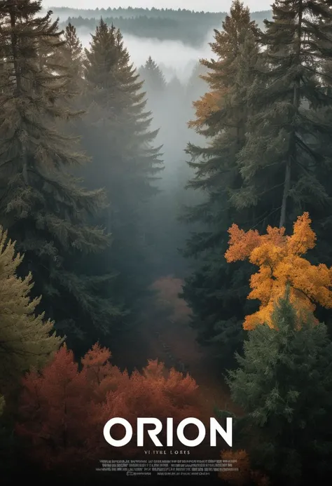a (movie poster with title and text graphics:1.3) (under the title banner text logo "O\R\I\O\N":1.5), bird view of a foggy forest | autumn colours | pine trees | oak tree | 35mm photograph