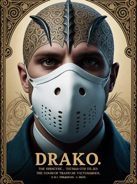 ( poster with title and text graphics:1.3) (under the title banner text logo "D\R\A\K\O":1.5), medical mask, victorian era, cinematography, intricately detailed, crafted, meticulous, magnificent, maximum details, extremely hyper aesthetic