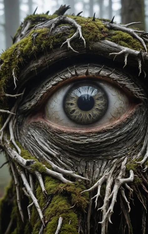 + a [Very close view of sculpt::0.45][organic sculpt with big cloudy white glass eyes:portrait, old dry skin, (dark forest in background :1.1), (mystical fog creeps:1.5), atmosphere, horror, fear, ticket, driftwood, moss, dampness, (thorn, cataract:1.5), (big cloudy white glass eyes:1.5), defocus : 0.2] hi detailed, realistic, best quality