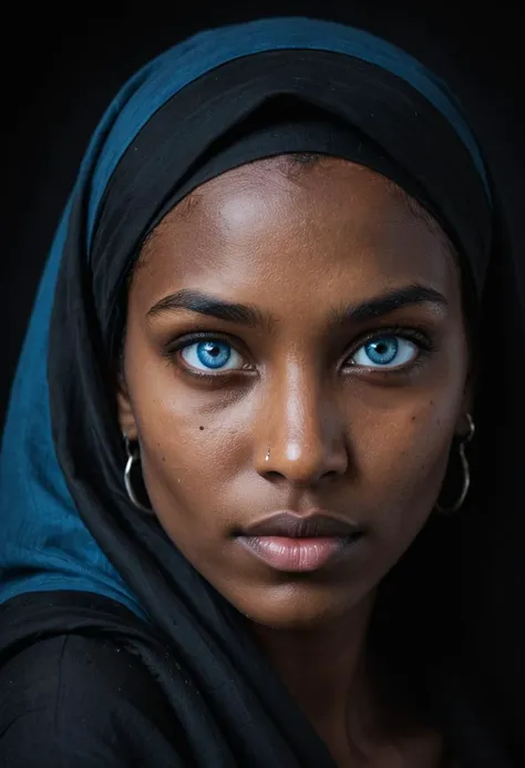 A photo of a person with (striking blue eyes:1.3), dark complexion, draped in a (black headscarf:1.2), (piercing gaze:1.2), subtle facial features, high contrast against (dark background:1.1), (depth in eyes:1.2), natural light highlighting face, sharp focus, portrait orientation, Canon EOS R, 1/80s, f/2.8, ISO 100, (soulful expression:1.3), intimate portrait, profound narrative, (rich texture detail:1.1), fine art photography,, <lora:RMSDXL_Enhance:1>, <lora:RMSDXL_Creative:1.5>