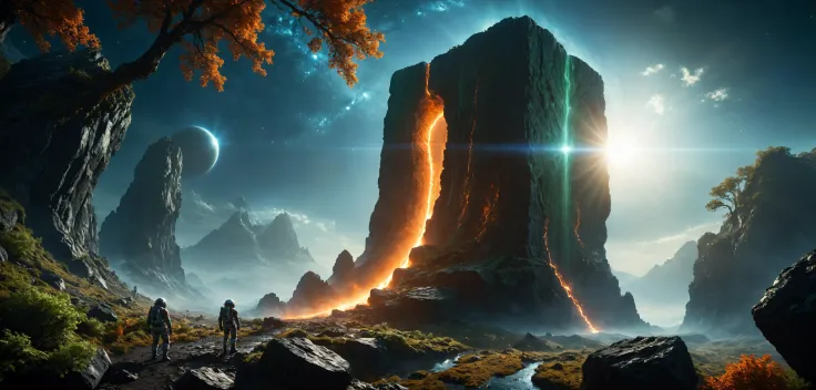 cinematic film still (masterpiece), (best quality), (ultra-detailed), ethereal fantasy concept art of (Dark energy flowing through a perfect mysterious gigantic dark monolith , by Ridley Scott, Roger Deakins), another world, highly detailed, maximum quality, (sharp, clear:1.1), (sci-fi lens flare:1.1),. professional 3D rendering, , two tones orange/blue, , diffraction, bokeh . shallow depth of field, vignette, highly detailed, high budget, bokeh, cinemascope, moody, epic, gorgeous, film grain, grainy, HDR photo of (masterpiece), (best quality), (ultra-detailed), ethereal fantasy concept art of (Dark energy flowing through a perfect mysterious gigantic dark monolith , by Ridley Scott, Roger Deakins), another world, highly detailed, maximum quality, (sharp, clear:1.1), (sci-fi lens flare:1.1),. professional 3D rendering, , two tones orange/blue, , diffraction, bokeh . High dynamic range, vivid, rich details, clear shadows and highlights, realistic, intense, enhanced contrast, highly detailed, (large plain, vegetation,tree, green_leaves:1.5)stairs, people, (astronaut:1.7) ((view from bottom, dutch angle)) ruins, pillars, filmic vibe, lava stream, intricate details, magnificent, celestial, ethereal, painterly, epic, majestic, magical, fantasy art, cover art, dreamy, 64k, (perspective:1.2)