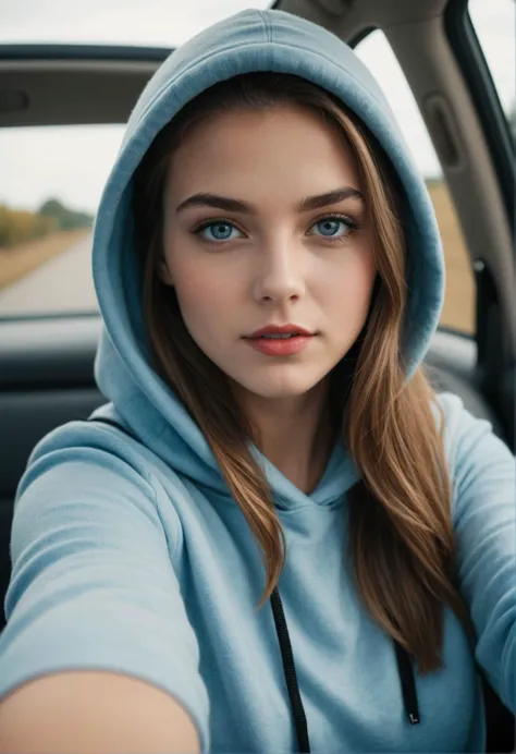 RAW photo, a 22-year-old-girl, upper body, selfie in a car, blue hoodie, inside a car, driving, (lipstick:0.7), soft lighting, high quality, highres, sharp focus, extremely detailed, (sunlight on face), beautiful detailed eyes, masterpiece, cinematic lighting, dslr, Fujifilm XT3, BREAK , BREAK , film photoshoot, hazy background, smoky,film photo,film grain,vintage photo with film grain