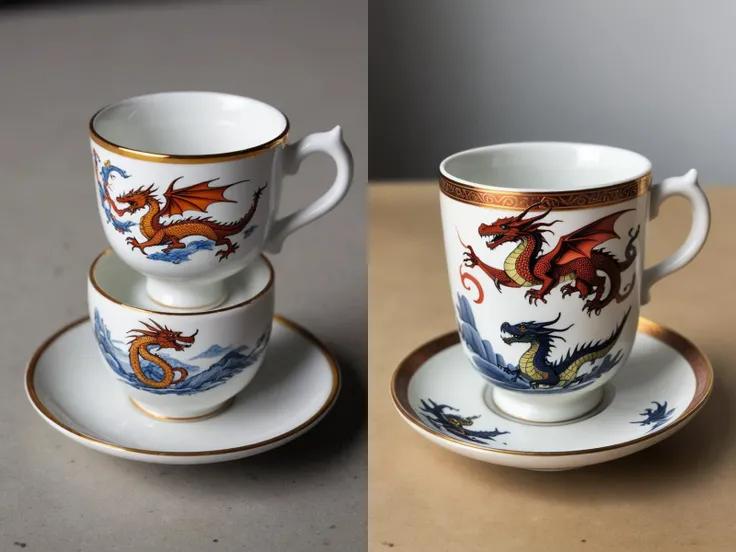 A cup and a saucer, with a miniature dragon on the rim <cdt:comment=Una taza y un platillo, con un dragón en miniatura en el borde>