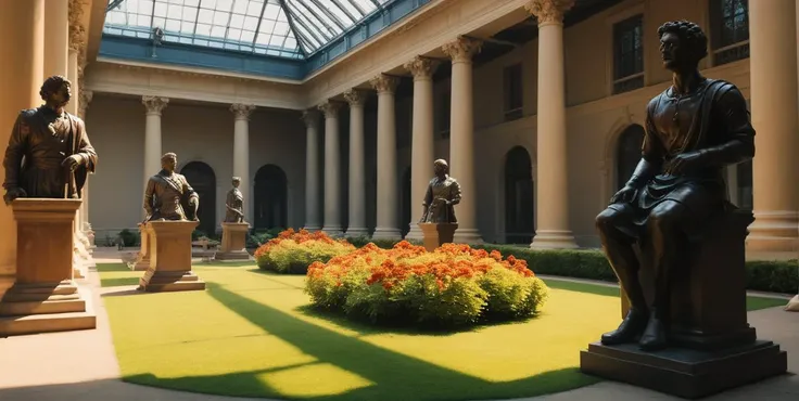 Photography of a inside a museum, Fallen heroes as epic statues inside a royal garden, lamps, detailed, rich colors, sunny day, highly detailed, instagram flickr, sharp focus, canon 5d f16.0 style, natural lighting, ultra-realistic