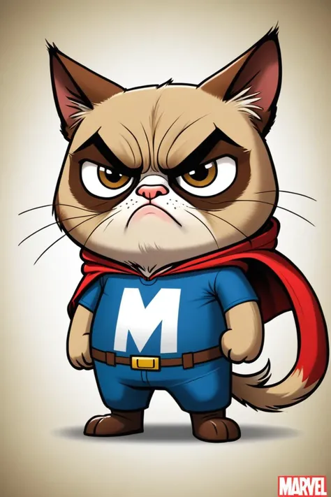 a cartoon network style drawing of grumpy cat in the marvel