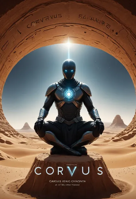 UHD, 8K, ultra detailed, a cinematic photograph of [a g(:0)eomancer,  slim body, sitting on a high object pose, in a vanished civilization in the sahara, worm's eye view,  channeling, futuristic, |((movie poster with title and text graphics:1.3) (under the title banner text logo 'C\O\R\V\U\S':1.5)):0.2], beautiful lighting, great composition