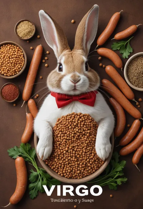 ( poster with title and text graphics:1.3) (under the title banner text logo "V\I\R\G\O":1.5), Photography of a rabbit made of lentils with sausages, perfect composition, masterpiece, best quality,, highly detailed, instagram flickr, sharp focus, canon 5d f16.0 style, natural lighting, ultra-realistic