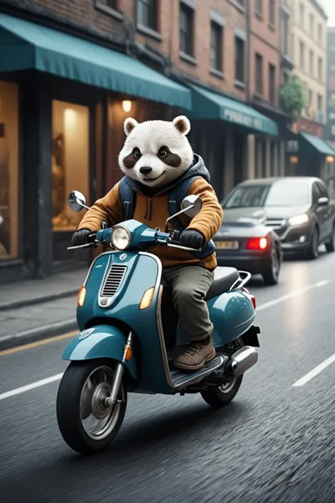 panda riding moped, speeding past other cars, photorealistic, cinematic lighting, dark atmosphere, volumetric lighting, action pose, epic scene, lots of fine detail, style, photography, natural textures, natural light, natural blur, photorealism, cinematic rendering, ray tracing, highest quality, highest detail, Cinematic, Blur Effect, Long Exposure, 8K, Ultra-HD, Natural Lighting, Moody Lighting, Cinematic Lighting, hyper-realistic, vibrant, 8k, detailed, ultra detail, soothing tones, muted colors