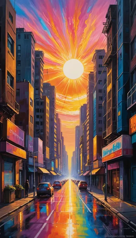 Painting, city street, Psychadelic Abstract ("A symphony of colors paints the horizon, as the sun bids farewell to the day.":1.2) , Cutecore, spotlit, trending on CGSociety, <lora:RMSDXL_Creative:3.5>