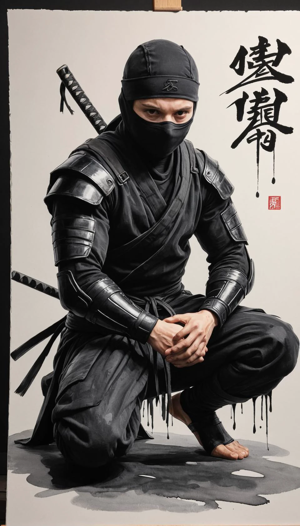 (big long brushstrokes of deep black sumi-e turning into symbolic painting) of {prompt}. master level raw art. best quality, high resolution, a to(:0)m h(:0)olland, as ninja, kneeling on one knee pose, in a solarpunk cairo,