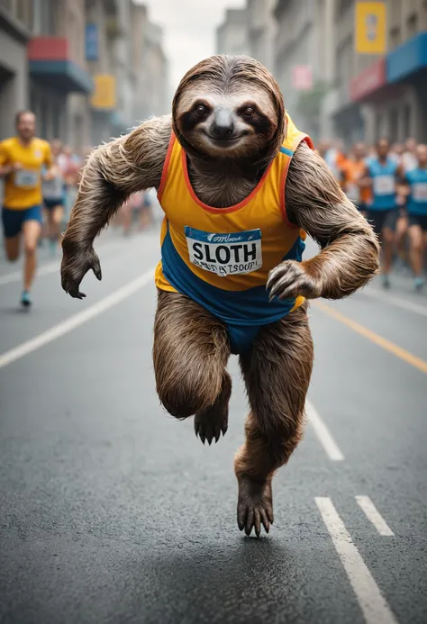 RAW photo, beautiful, masterpiece, <lora:RMSDXL_Enhance:1>, Sloth running a marathon: 'Speed is relative', colorful details, award winning, high detailed, 8k, natural lighting, analog film, detailed skin, amazing composition, intricate details, subsurface scattering, amazing textures, filmic, ((soft light)),desaturated