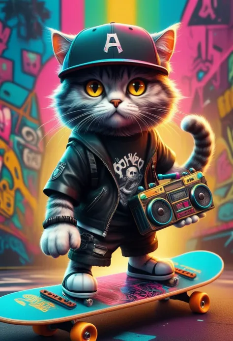a Cyberpunk style, a cat standing on a skateboard, wearing a backwards baseball cap and holding a boombox on its shoulder, confident expression, vibrant colors, graffiti-style background, edgy atmosphere, playful mood, intricate details, high-quality artwork masterful composition + wide-angle 8K resolution + Octane render + Ray-tracing + HDR10