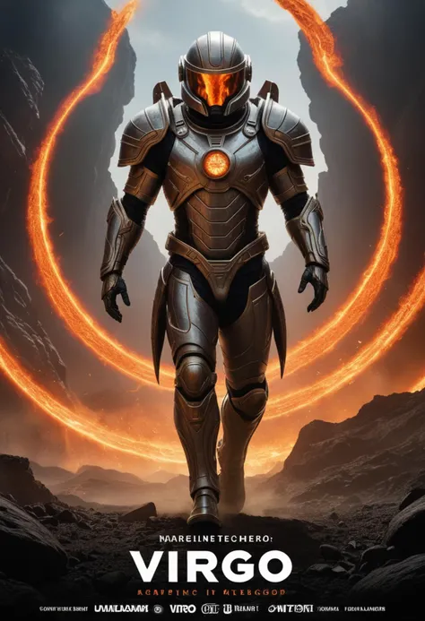 ( poster with title and text graphics:1.3) (under the title banner text logo "V\I\R\G\O":1.5), Full body character portrait of an extraterrestrial emperor in tectonic armor with magma ornamentation, walking forward, epic unsplash, centered