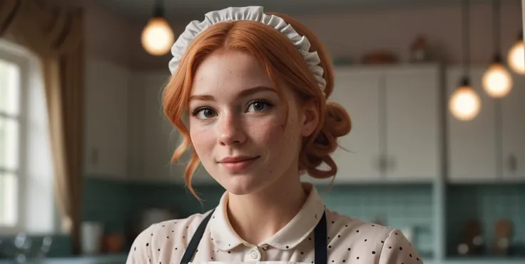 a closeup portrait of a playful maid, undercut hair, apron, amazing body, pronounced feminine feature, busty, kitchen, [ash blonde | ginger | pink hair], freckles, flirting with camera,,(masterpiece:1.2) (photorealistic:1.2) (bokeh:1.10) (best quality:1.10) (detailed skin:1.3) (intricate details:1.10) (8k:1.10) (HDR:1.10) (analog film:1.10) (canon d5:1.10) (cinematic lighting:1.10) (sharp focus:1.10)