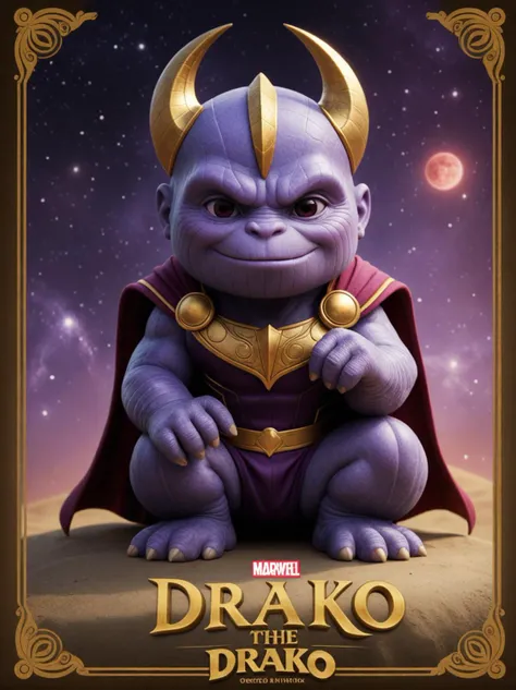 ( poster with title and text graphics:1.3) (under the title banner text logo "D\R\A\K\O":1.5),, render style, Thanos (by Nicoletta Ceccoli:1.2), dreamworks animation, natural lighting, adorable disney and pixar design, flat colors, 4k, modern disney dreamworks style, professional, award-winning