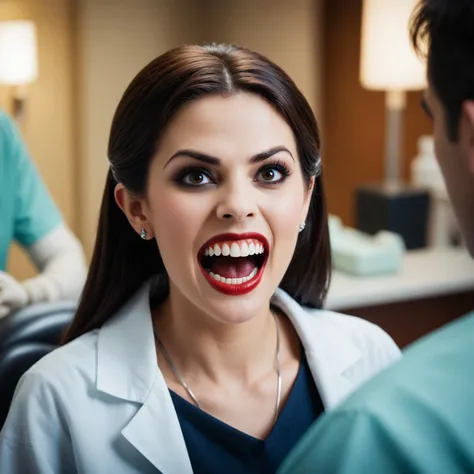 cinematic film still a meme, Vampire at a dentist: 'Fang-tastic service here.', shallow depth of field, vignette, highly detailed, high budget Hollywood film, bokeh, cinemascope, moody, epic, gorgeous, film grain, grainy