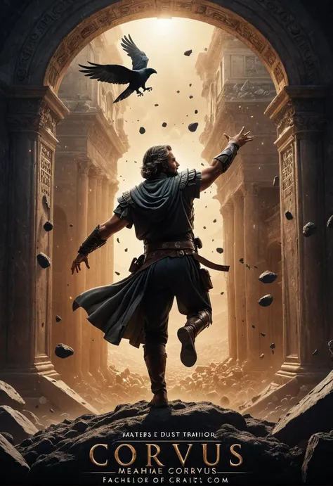 UHD, 8K, ultra detailed, a cinematic photograph of [a m(:0)aster of(:0) el(:0)ements,   climbing or reaching pose, in a time-traveler's rome,  cosmic dust, fading, melancholic, vintage,|(movie poster with title and text graphics:1.3) (under the title banner text logo 'C\O\R\V\U\S':1.5):0.1], beautiful lighting, great composition