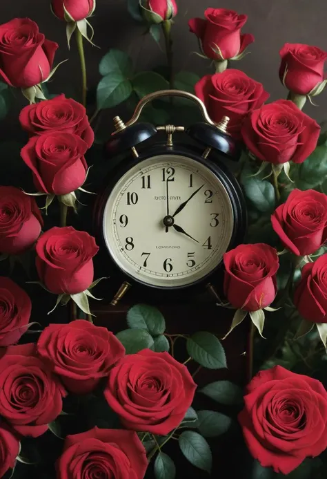 photograph, Clockpunk, medium shot of a Enticing "I just called to say I love you.", Roses in background, Movie still, key light, film grain, Fujifilm XT3, L USM, behance, Concept artist, art by Richard Billingham, <lora:add-detail-xl:2>